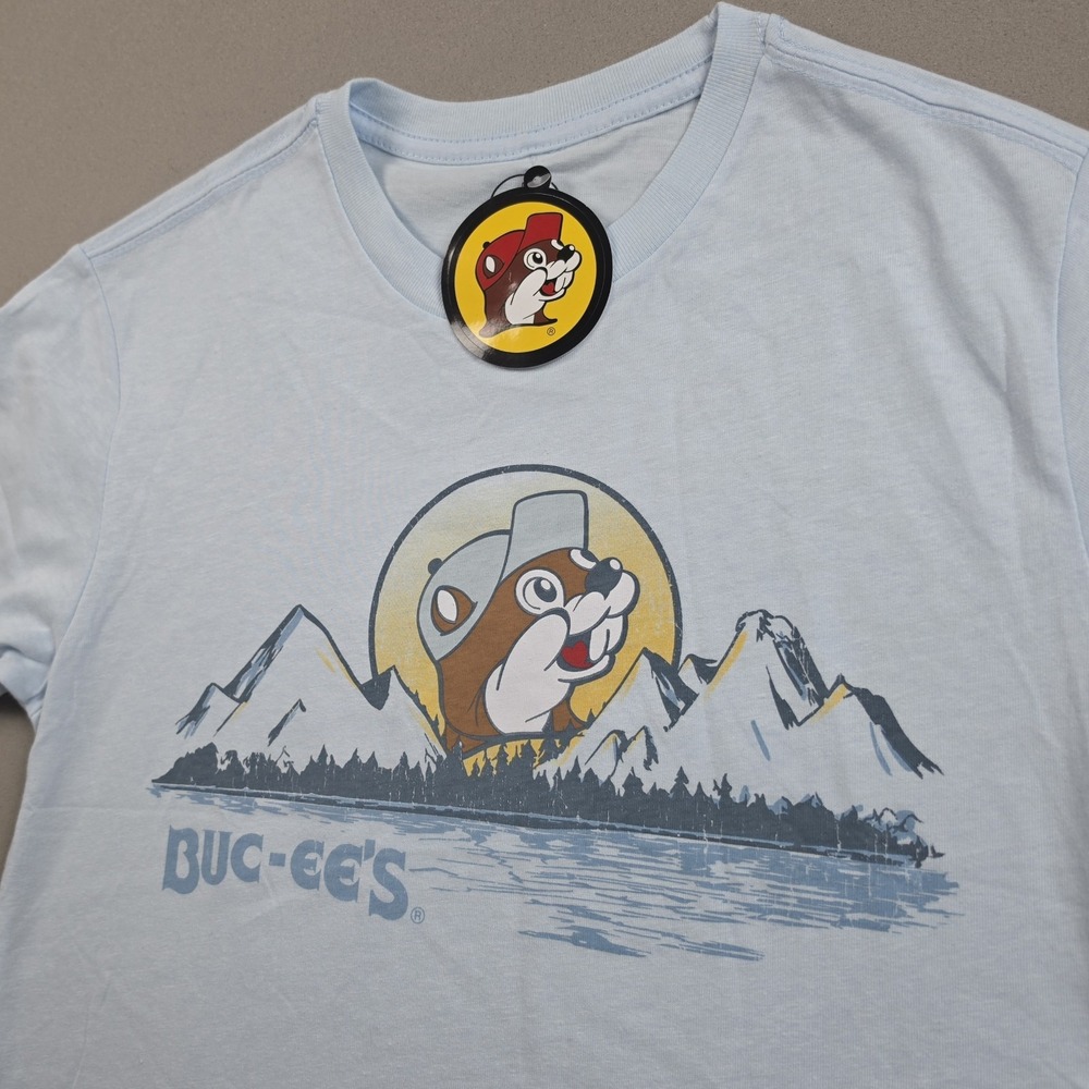 Buc-ee's On My Mind Mountains T-Shirt Unisex Small Light Blue Beaver Graphic NWT
